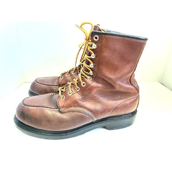 VTG 80s Red Wing Mens Boots 9 EEE Brown Leather Moc Toe Vibram Lug Sole USA - Picture 1 of 13